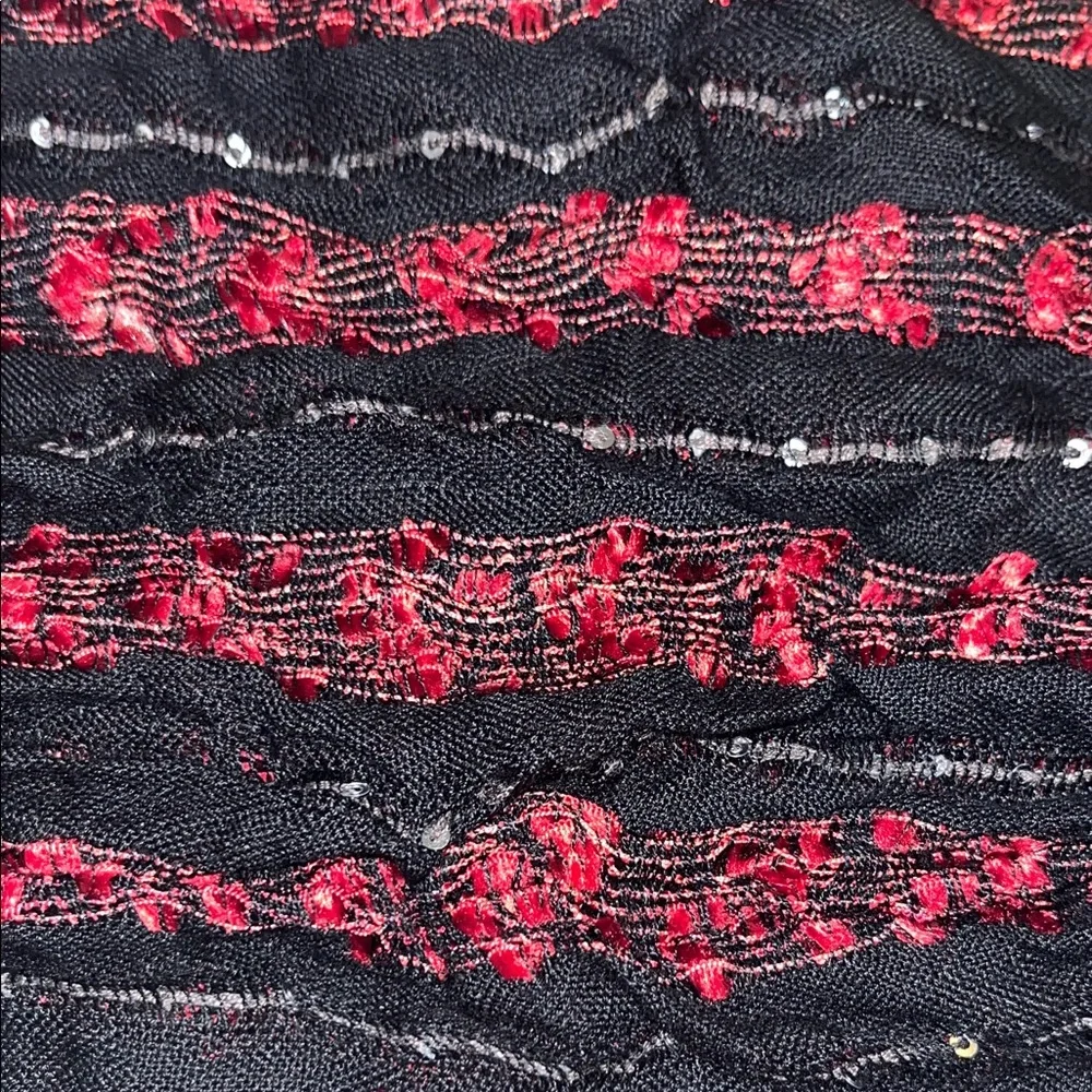Bohemian Mixed Textile Fabric Infinity Scarf, Sequins, Sparkle Black Red Cream
